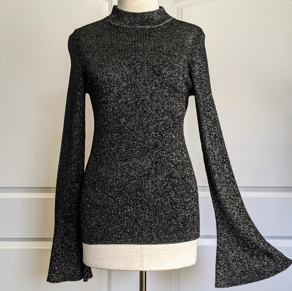 DVF Mock Neck Metallic Knit Ribbed Wool Blend Bell Sleeves Black Silver L NWT - Picture 3 of 13